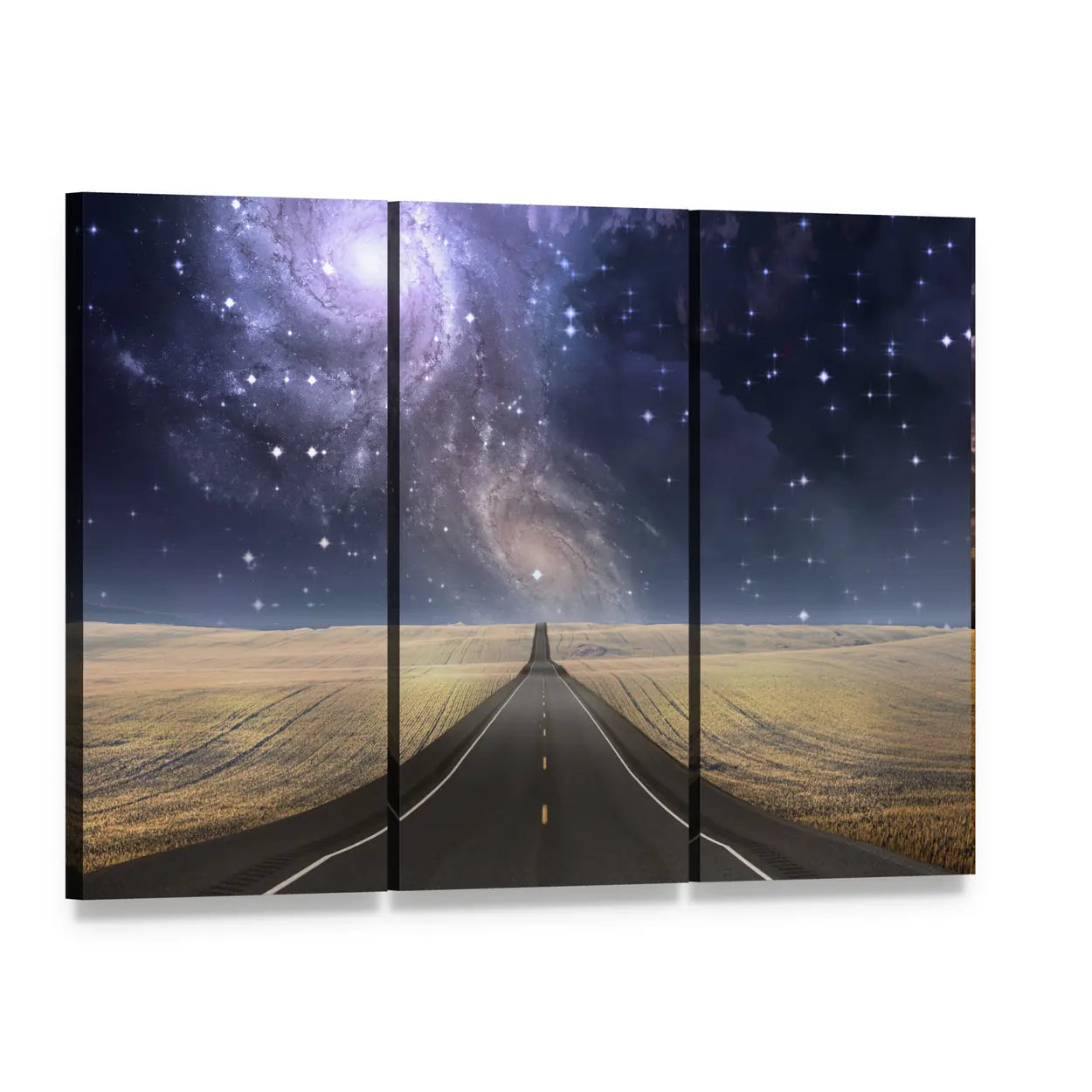 Road to Galaxy Canvas Wall Art, 3 panel 3 Horizontal layout gallery wrapped canvas set, angled product view