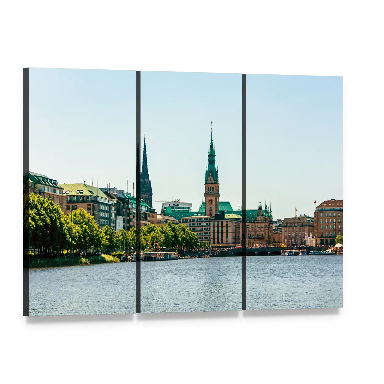 Alster Lake Canvas Wall Art, 3 panel 3 Horizontal layout gallery wrapped canvas set, angled product view