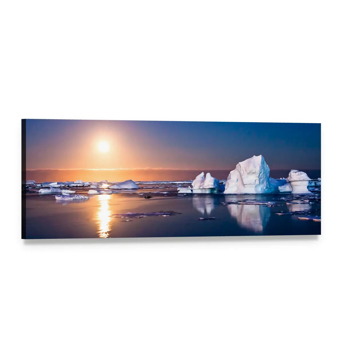 Antarctic Summer Sunset Over Icebergs Panoramic Canvas Wall Art, single panel gallery wrapped canvas, angled product view