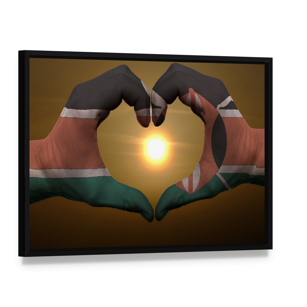 Hands Forming Heart Painted with Kenya Flag Canvas Wall Art, framed canvas in a black floater frame, angled product view