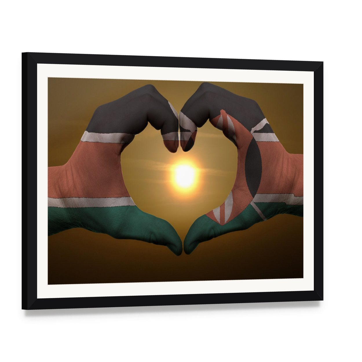 Hands Forming Heart Painted with Kenya Flag Canvas Wall Art, framed print with white mat and black frame, angled product view