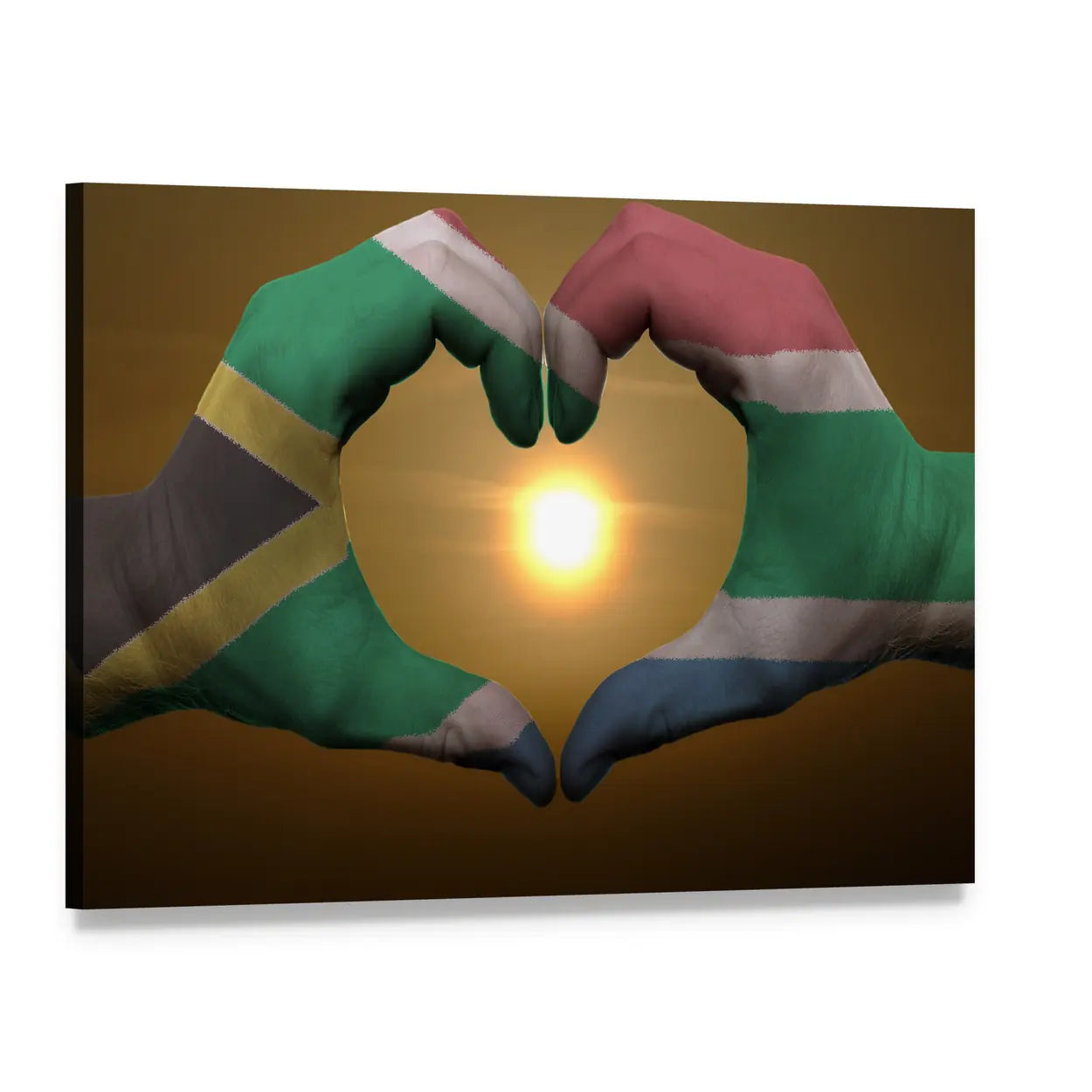 Hands Forming a Heart with South African Flag Canvas Wall Art, single panel gallery wrapped canvas, angled product view