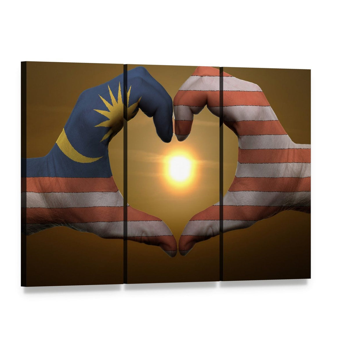 Hands Forming Heart with Malaysia and Usa Flags Canvas Wall Art, 3 panel 3 Horizontal layout gallery wrapped canvas set, angled product view