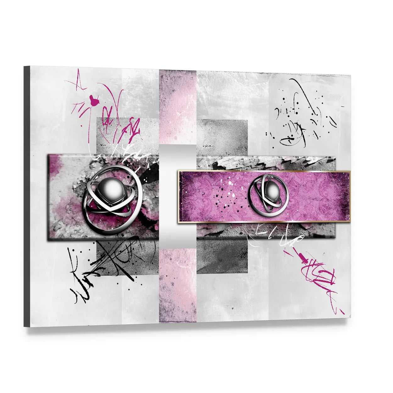 Magenta Band with Silver Orbs Abstract Canvas Wall Art, single panel gallery wrapped canvas, angled product view