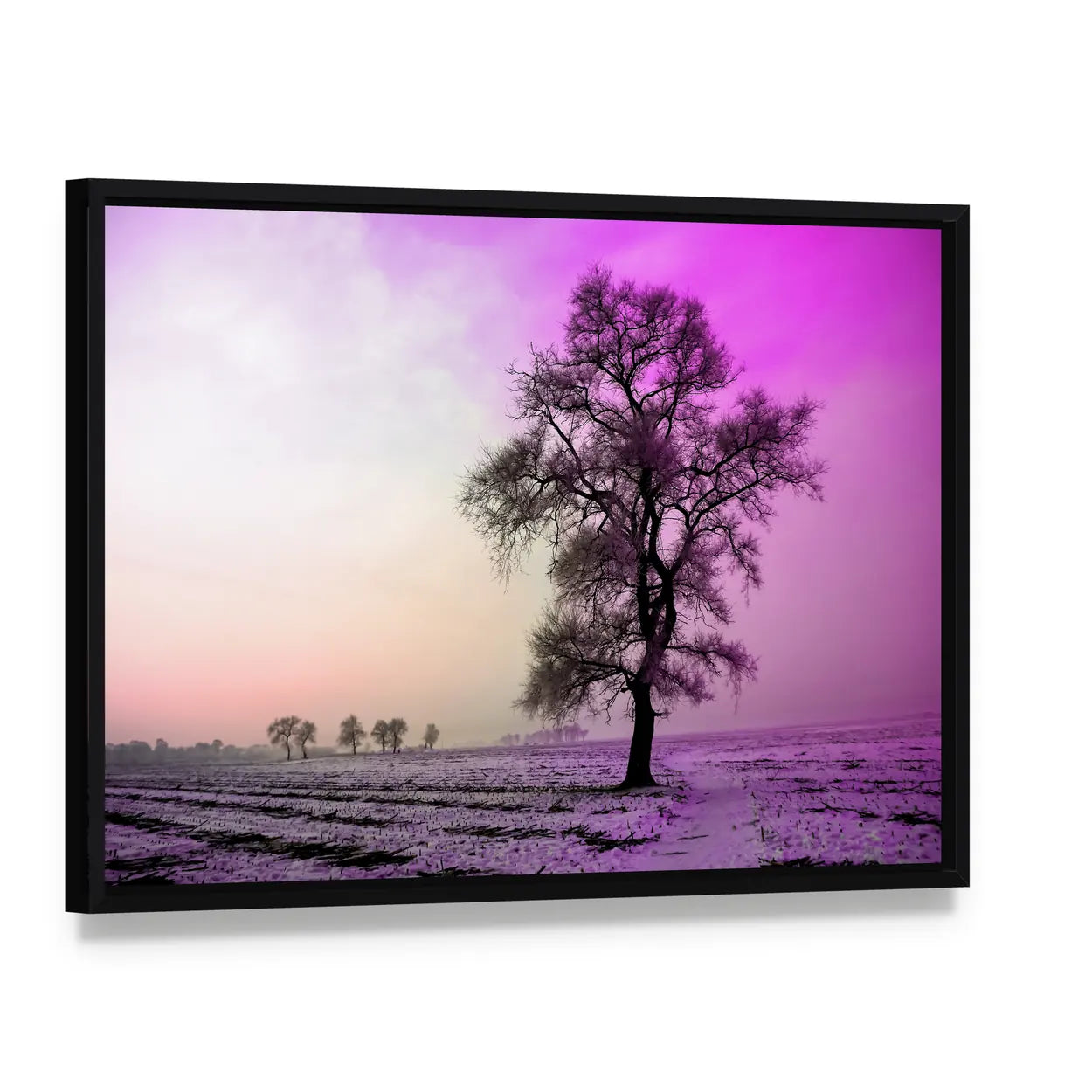 Winter Morning Landscape with Frosted Tree Canvas Wall Art, framed canvas in a black floater frame, angled product view