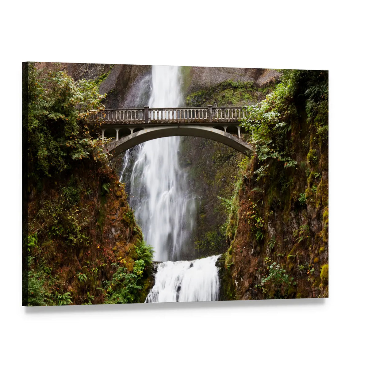 Multnomah Falls Oregon Waterfall and Bridge Canvas Wall Art, single panel gallery wrapped canvas, angled product view