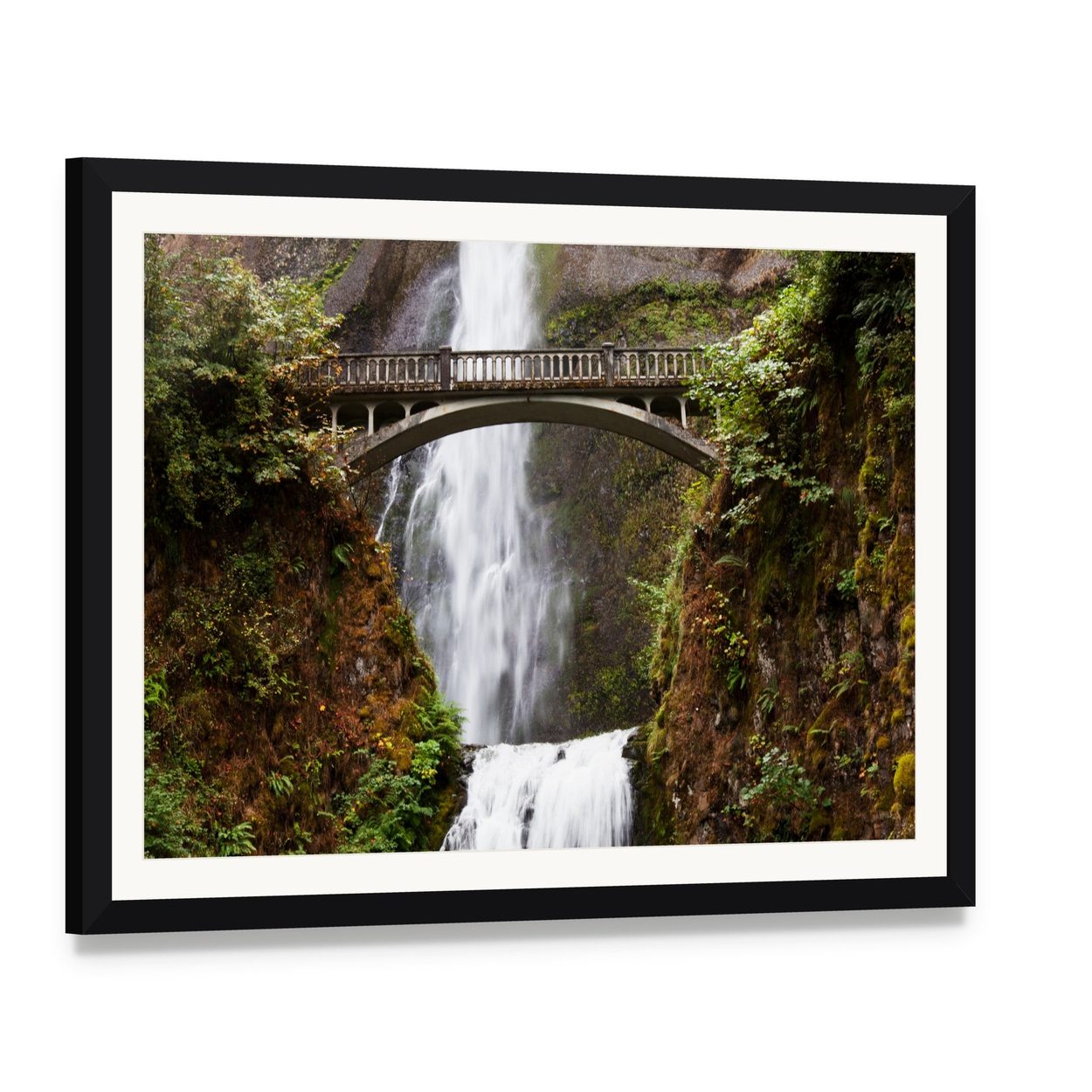 Multnomah Falls Waterfall and Stone Bridge Canvas Wall Art, framed print with white mat and black frame, angled product view