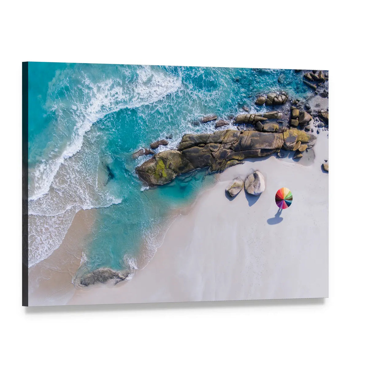 Umbrella On The Beach And Foam Of Sea Wave Canvas Wall Art, single panel gallery wrapped canvas, angled product view