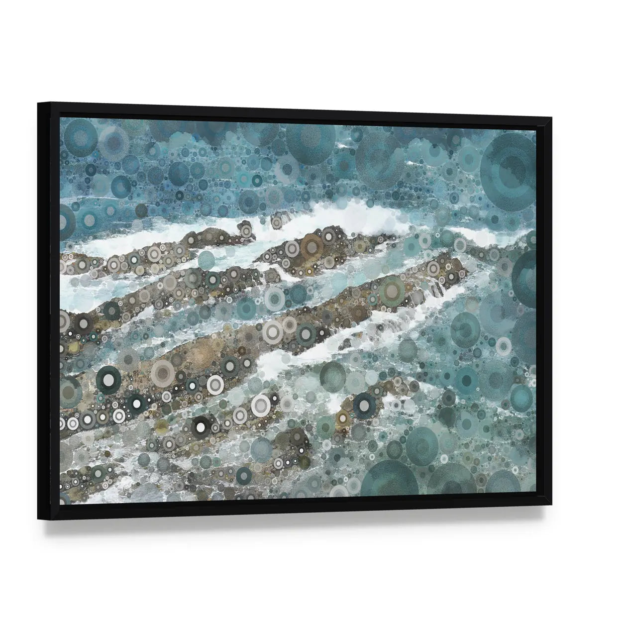 Mosaic Ocean Wave Texture Canvas Wall Art, framed canvas in a black floater frame, angled product view
