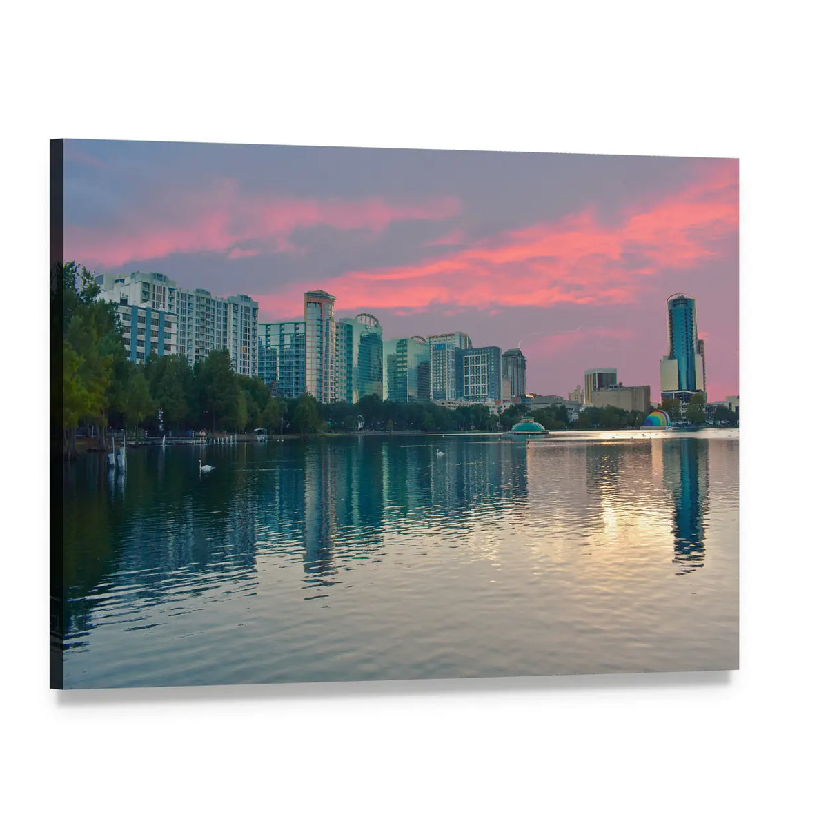 Lake Eola Park Sunset Reflection Canvas Wall Art, single panel gallery wrapped canvas, angled product view
