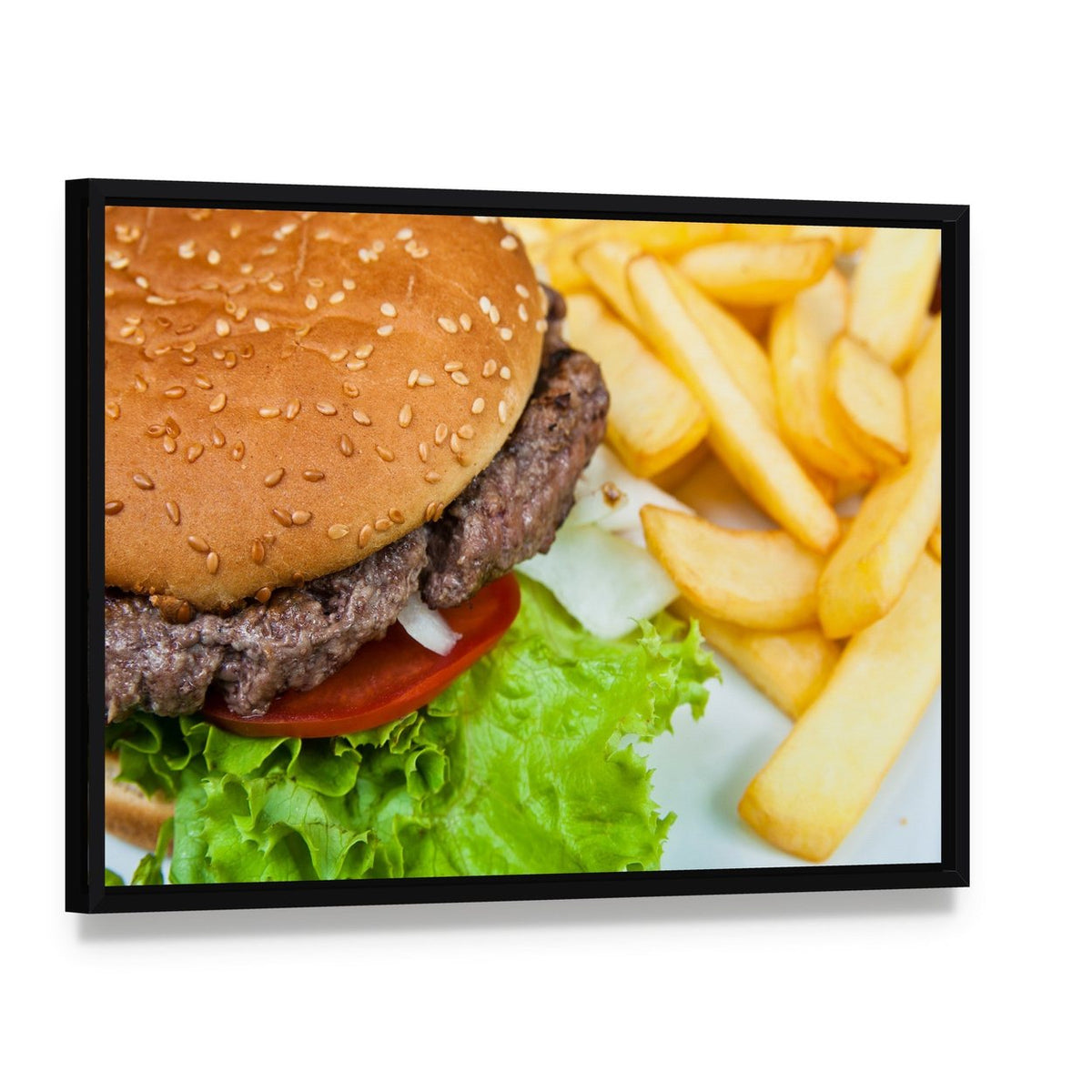 American Cheeseburger with Fries Canvas Wall Art, framed canvas in a black floater frame, angled product view