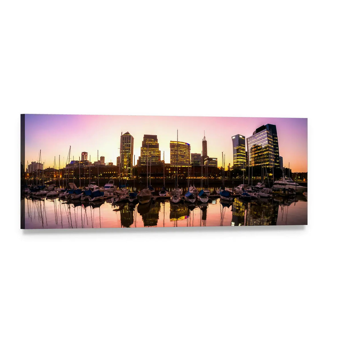 Puerto Madero Sunset Skyline Panoramic Canvas Wall Art, single panel gallery wrapped canvas, angled product view