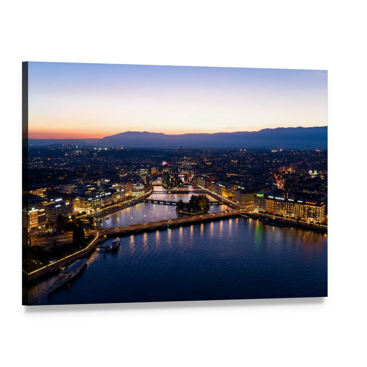 Aerial Night Skyline Over Geneva Canvas Wall Art, single panel gallery wrapped canvas, angled product view