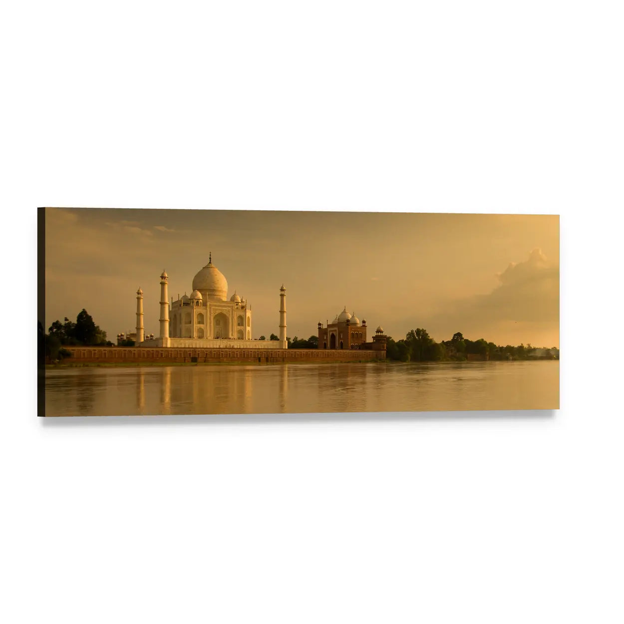 Taj Mahal at Sunset Panoramic Canvas Wall Art, single panel gallery wrapped canvas, angled product view