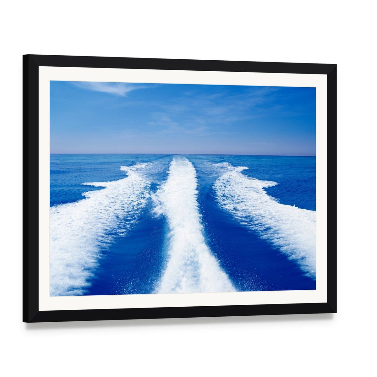 Boat Wake Prop Wash Canvas Wall Art, framed print with white mat and black frame, angled product view