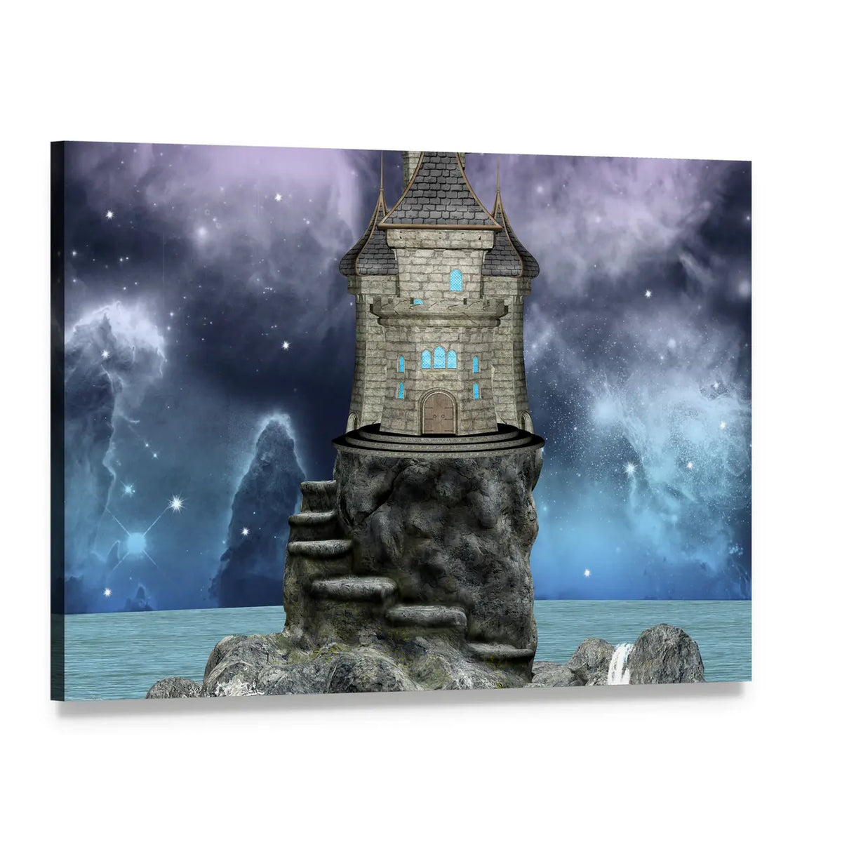 Fairy Tale Castle Under Nebula Sky Canvas Wall Art, single panel gallery wrapped canvas, angled product view