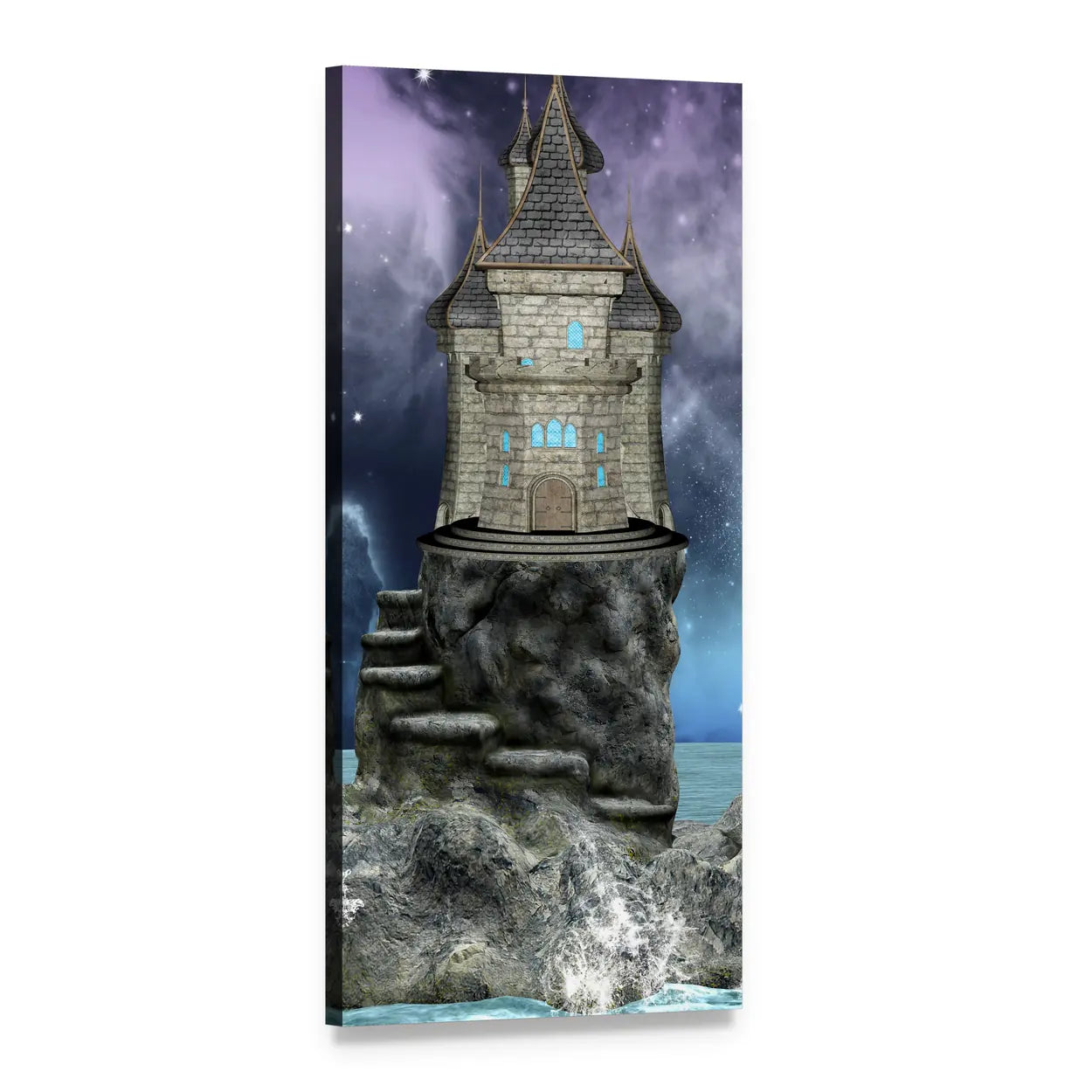 Fairy Tale Castle Under Cosmic Sky Vertical Canvas Wall Art, 1 panel 1 Vertical layout gallery wrapped canvas set, angled product view
