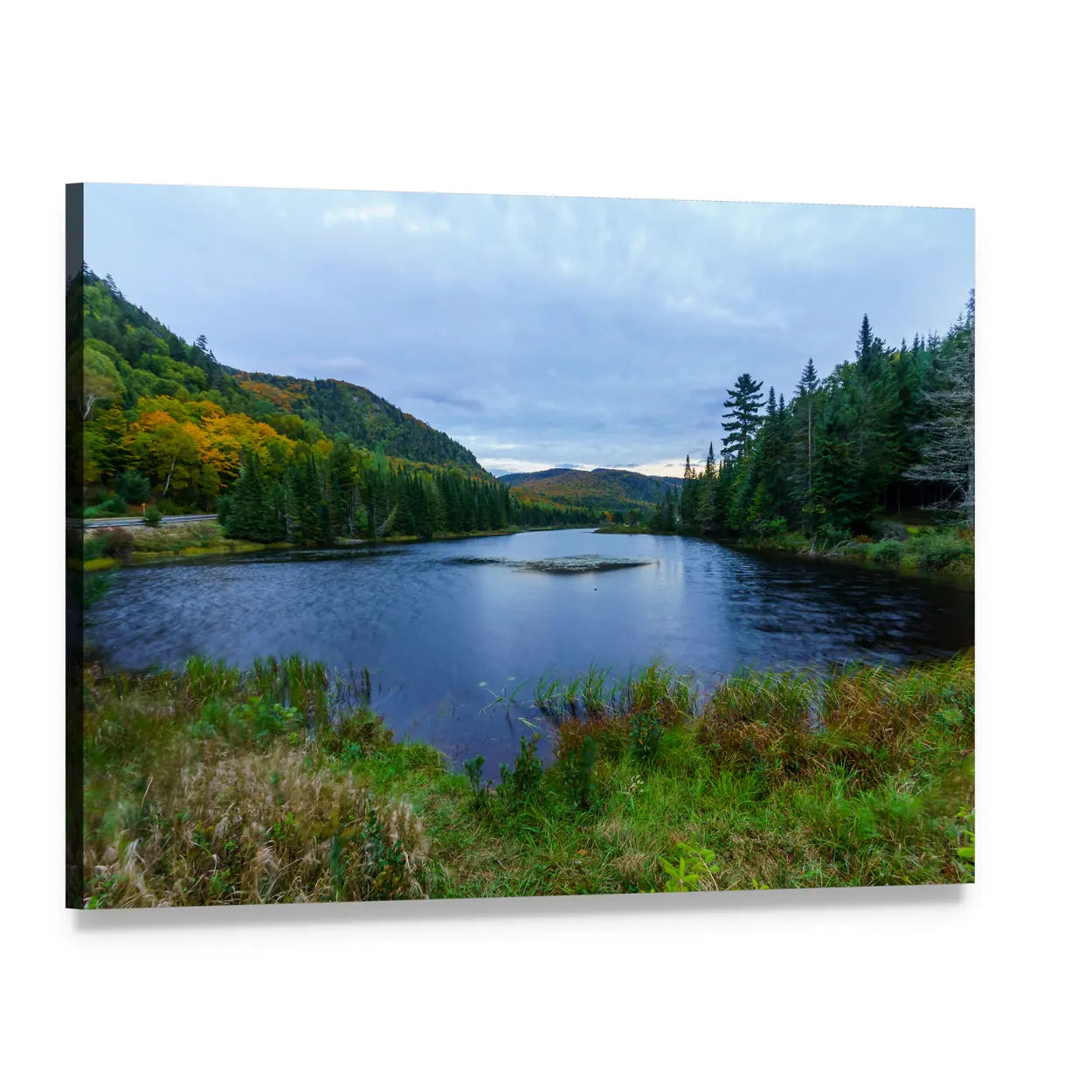 Sunset Over Monroe Lake Canvas Wall Art, single panel gallery wrapped canvas, angled product view