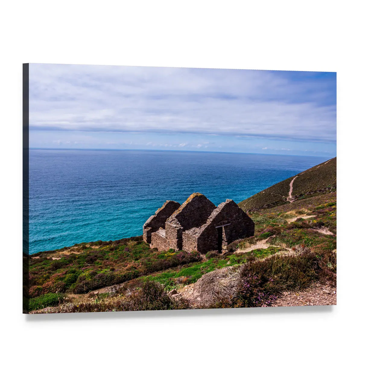 Engine House Ruins on Coastal Cliff Canvas Wall Art, single panel gallery wrapped canvas, angled product view
