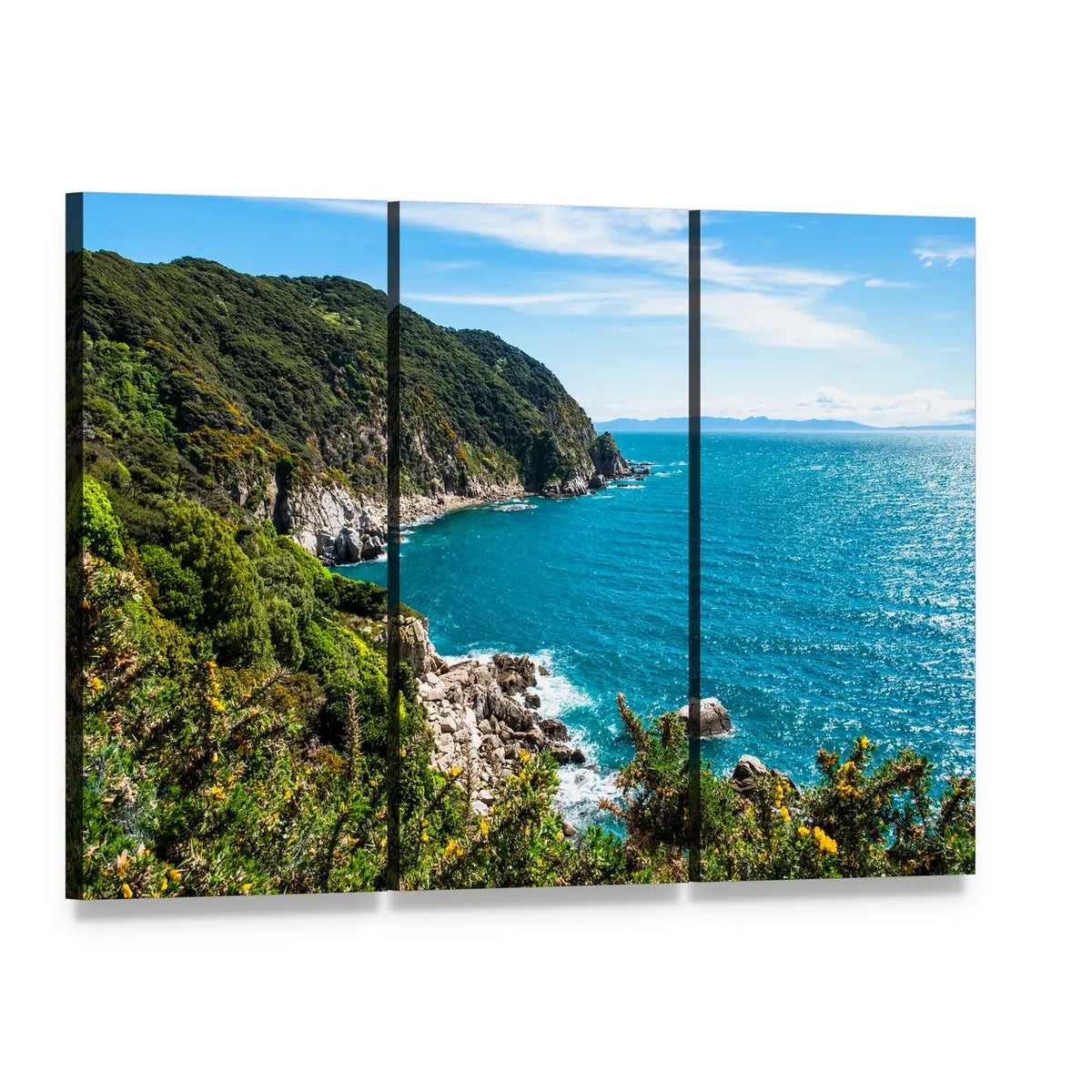 Coastline of Abel Tasman National Park Canvas Wall Art, 3 panel 3 Horizontal layout gallery wrapped canvas set, angled product view