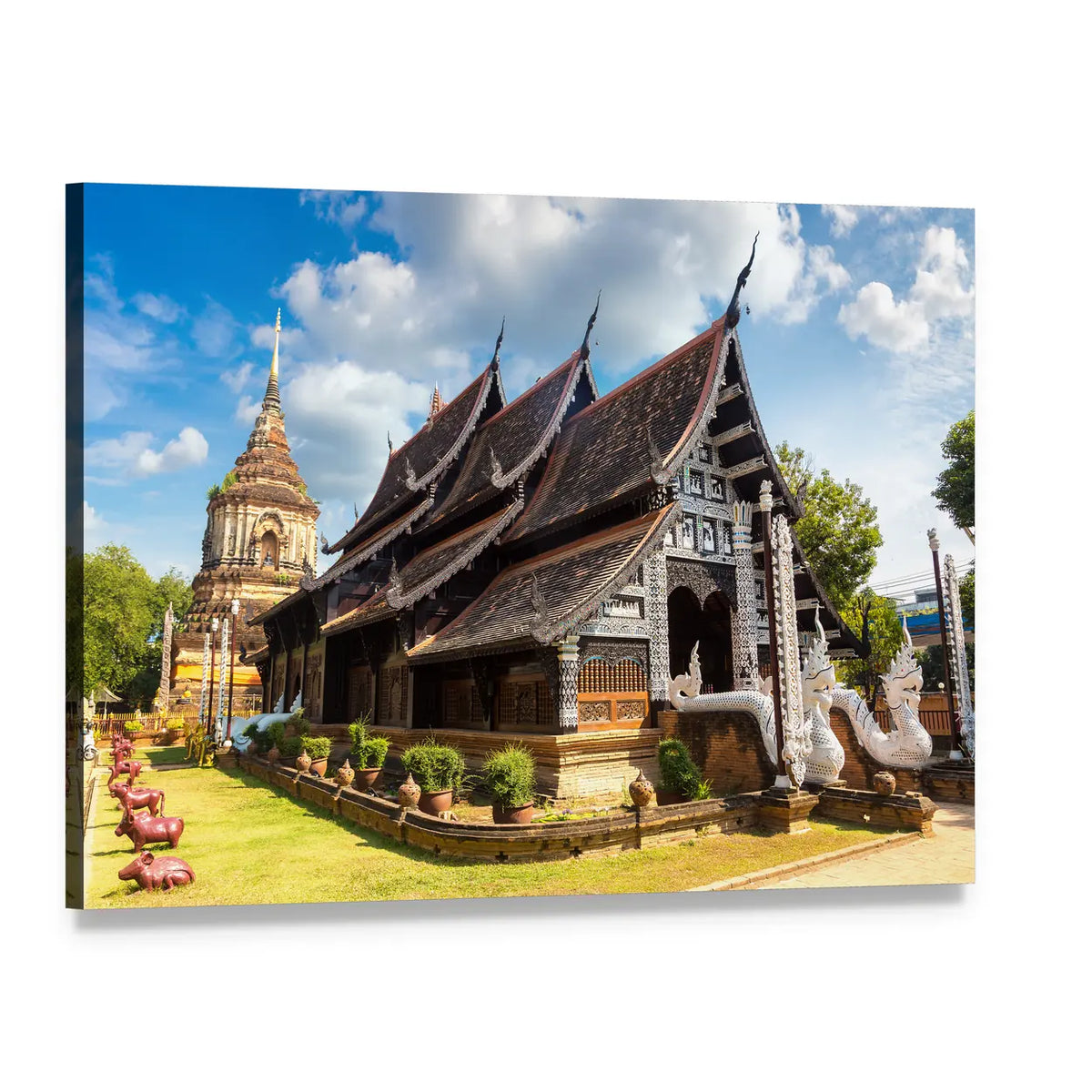 Thai Temple with Brick Stupa and Garden Path Canvas Wall Art, single panel gallery wrapped canvas, angled product view