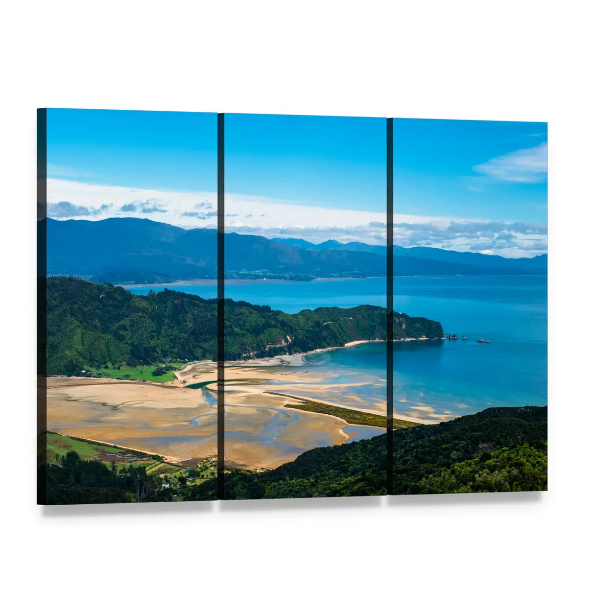 New Zealand Beach and Coastline Canvas Wall Art, 3 panel 3 Horizontal layout gallery wrapped canvas set, angled product view