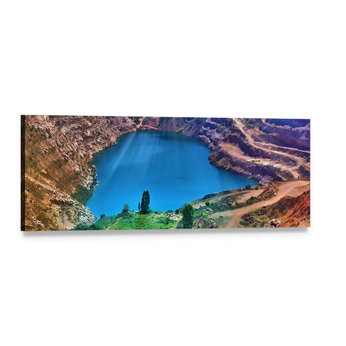 Deep Blue Lake Among Terraced Cliffs Panoramic Canvas Wall Art, single panel gallery wrapped canvas, angled product view