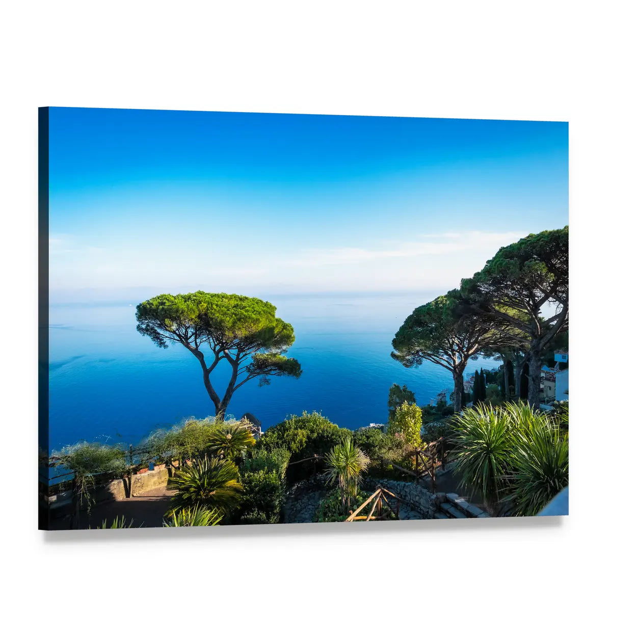 Amalfi Coast Terrace Overlooking Blue Sea Canvas Wall Art, single panel gallery wrapped canvas, angled product view