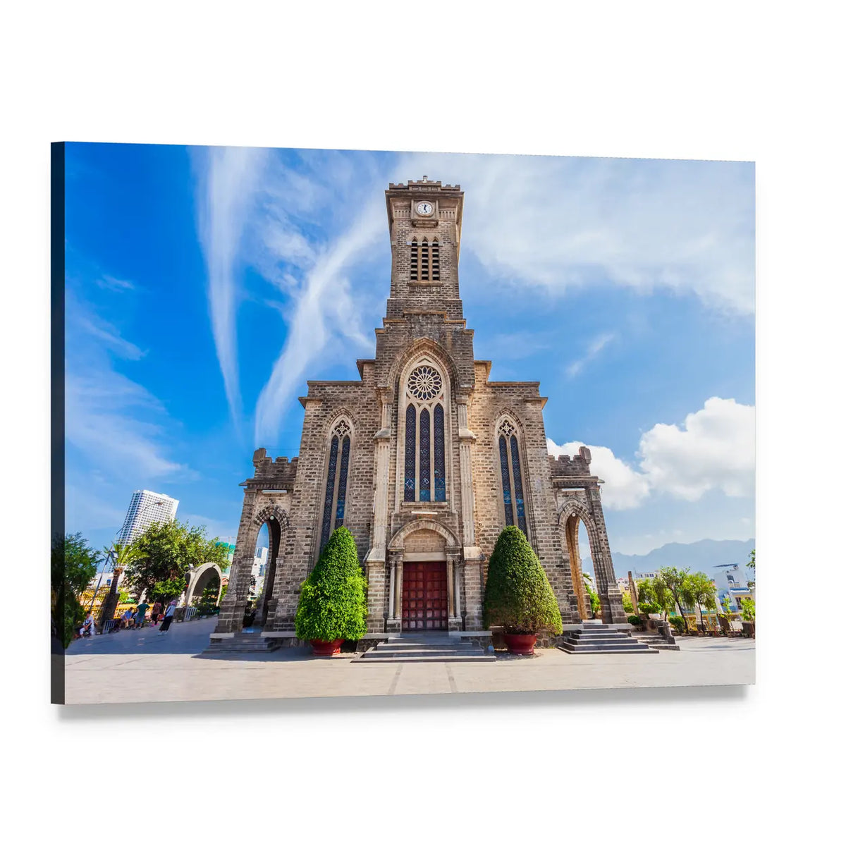 Nha Trang Cathedral Under Blue Sky Canvas Wall Art, single panel gallery wrapped canvas, angled product view