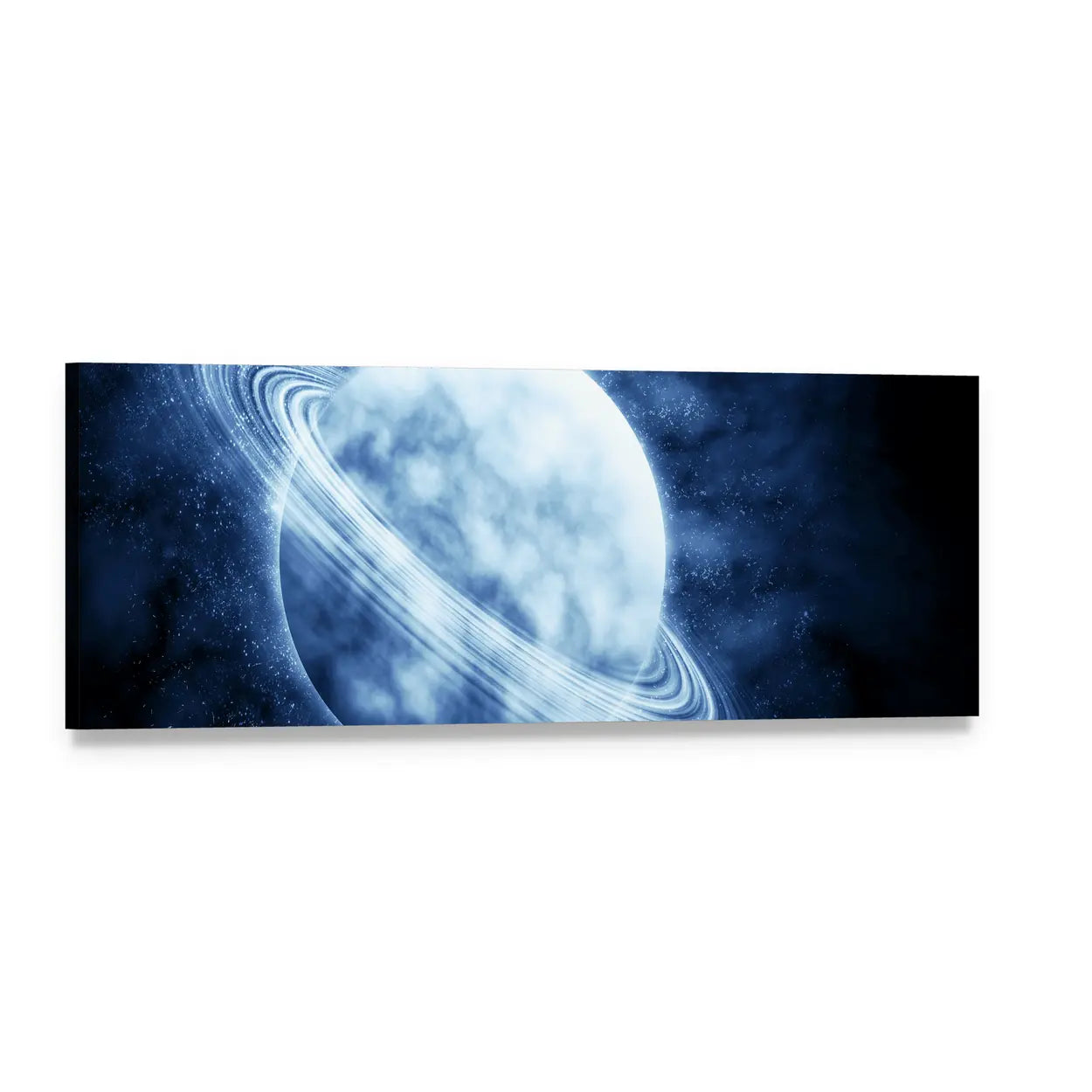 Ringed Blue Planet Over Star Field Panoramic Canvas Wall Art, single panel gallery wrapped canvas, angled product view