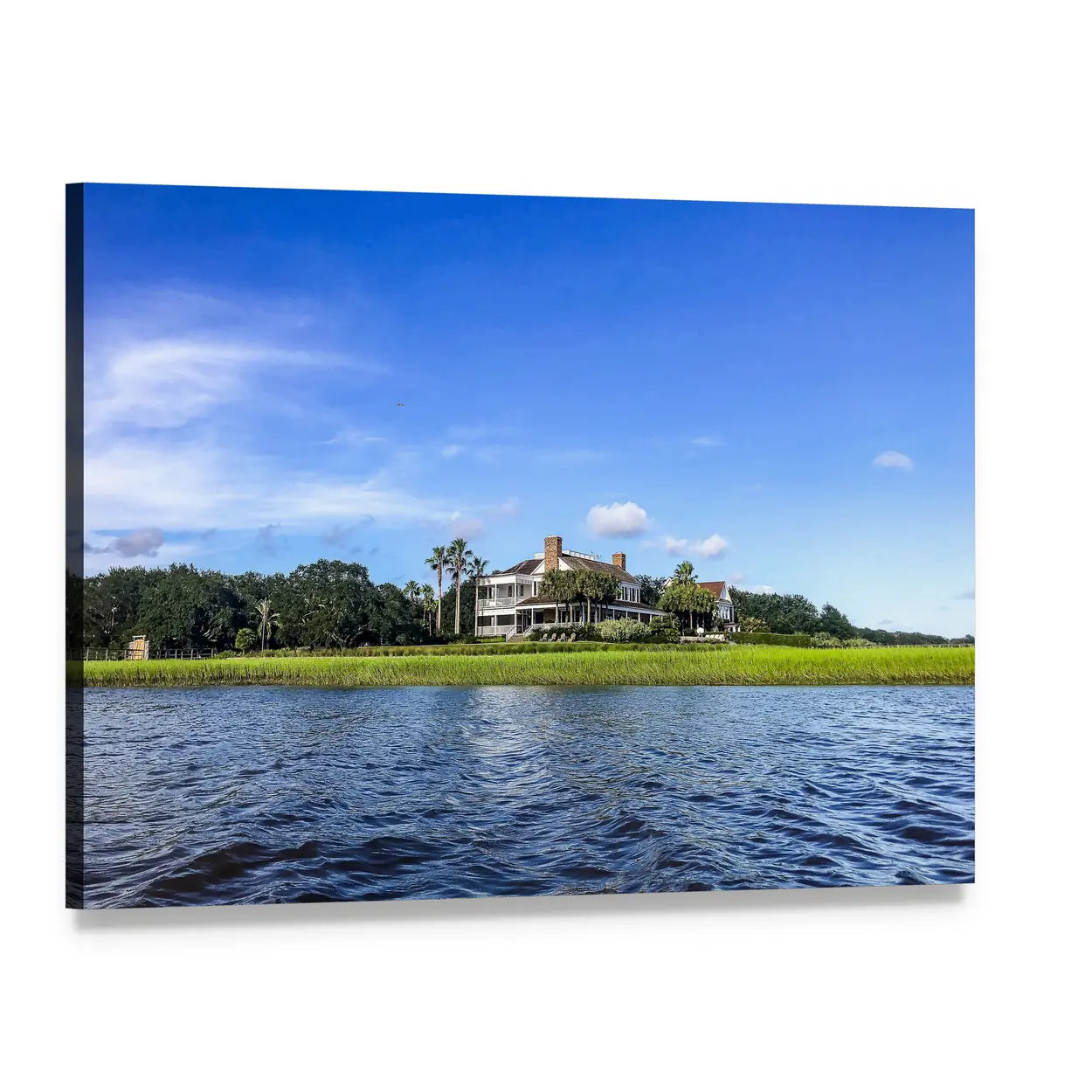 Summer Waterfront Mansion by the Sea Canvas Wall Art, single panel gallery wrapped canvas, angled product view