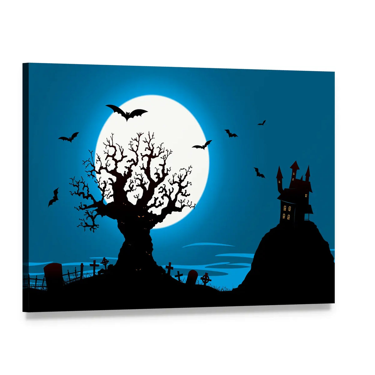 Haunted House Silhouette Under Full Moon Canvas Wall Art, single panel gallery wrapped canvas, angled product view