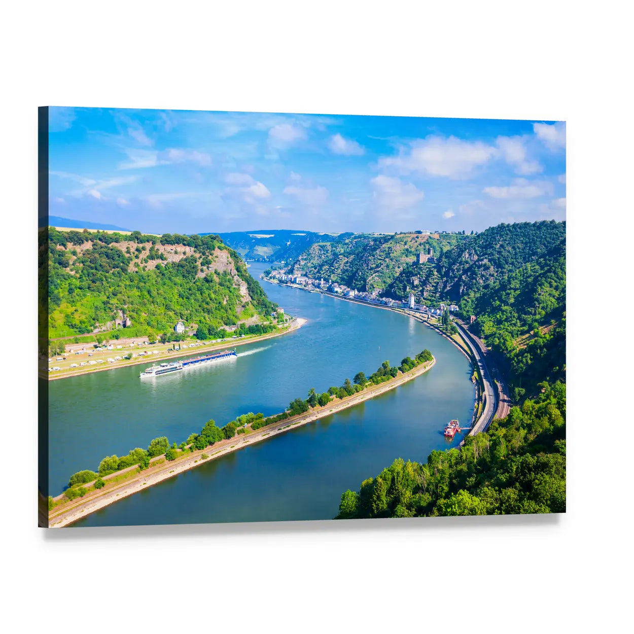 Rhineland-palatinate River Valley with Boat Canvas Wall Art, single panel gallery wrapped canvas, angled product view