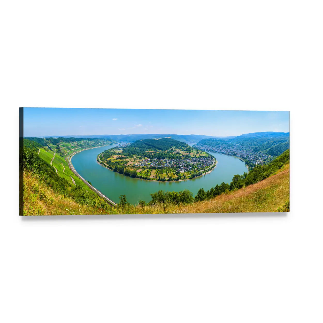 Boppard River Bend with Vineyards Panoramic Canvas Wall Art, single panel gallery wrapped canvas, angled product view