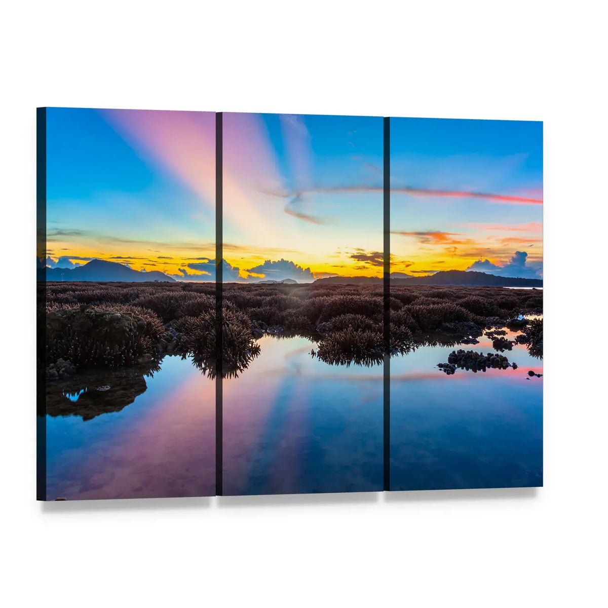 Rawai Beach Phuket Sunset Canvas Wall Art, 3 panel 3 Horizontal layout gallery wrapped canvas set, angled product view