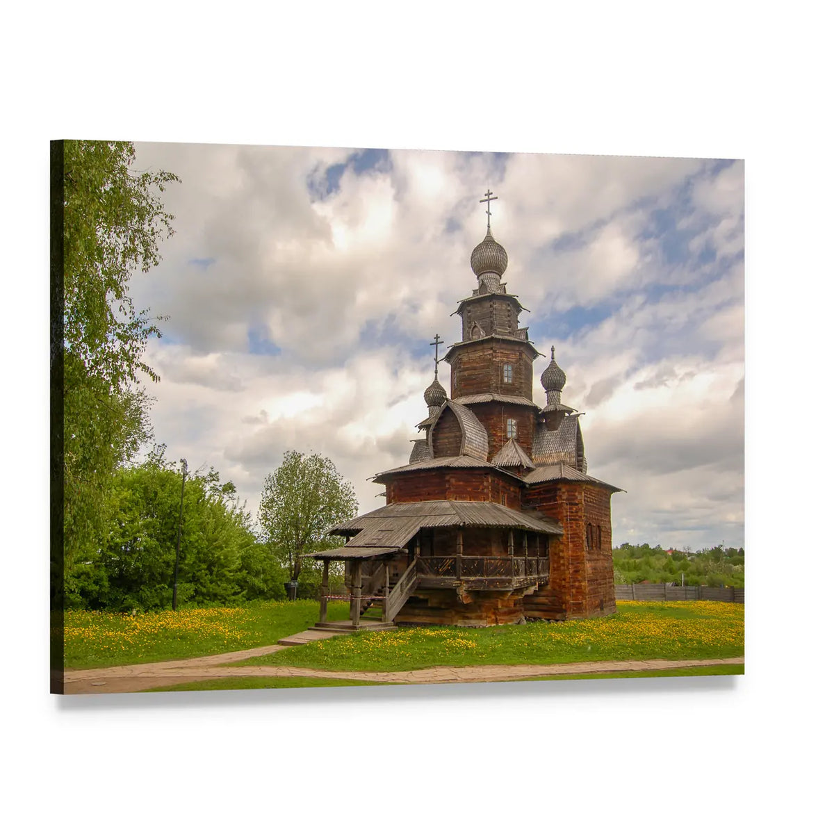Multi-tiered Wooden Church with Onion Domes Canvas Wall Art, single panel gallery wrapped canvas, angled product view