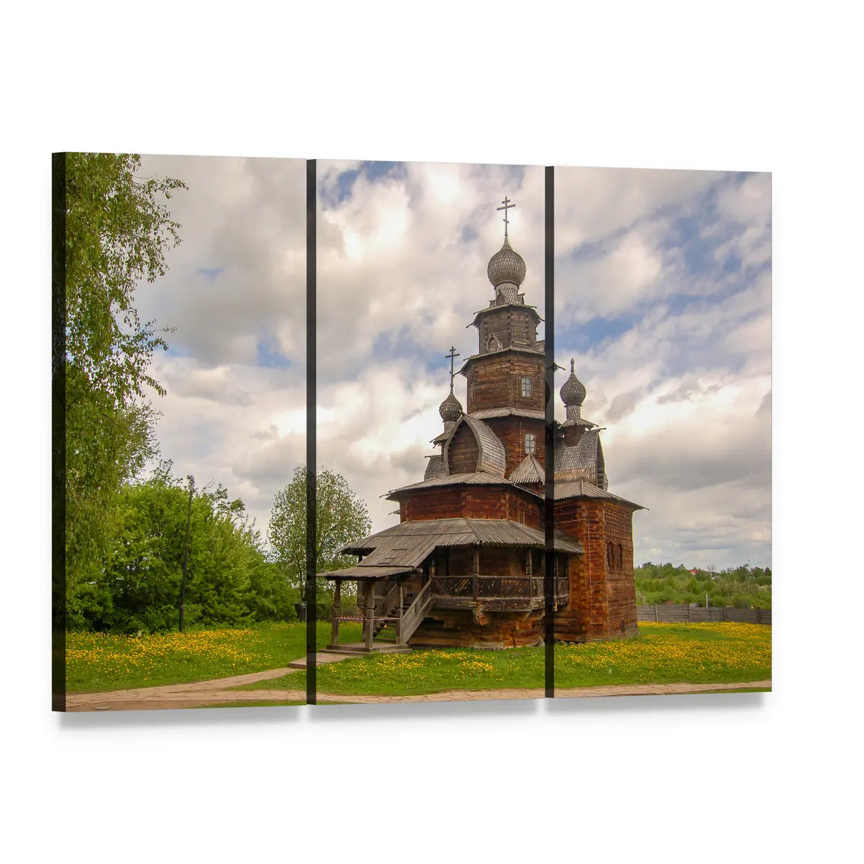 Wooden Church with Onion Domes Canvas Wall Art, 3 panel 3 Horizontal layout gallery wrapped canvas set, angled product view