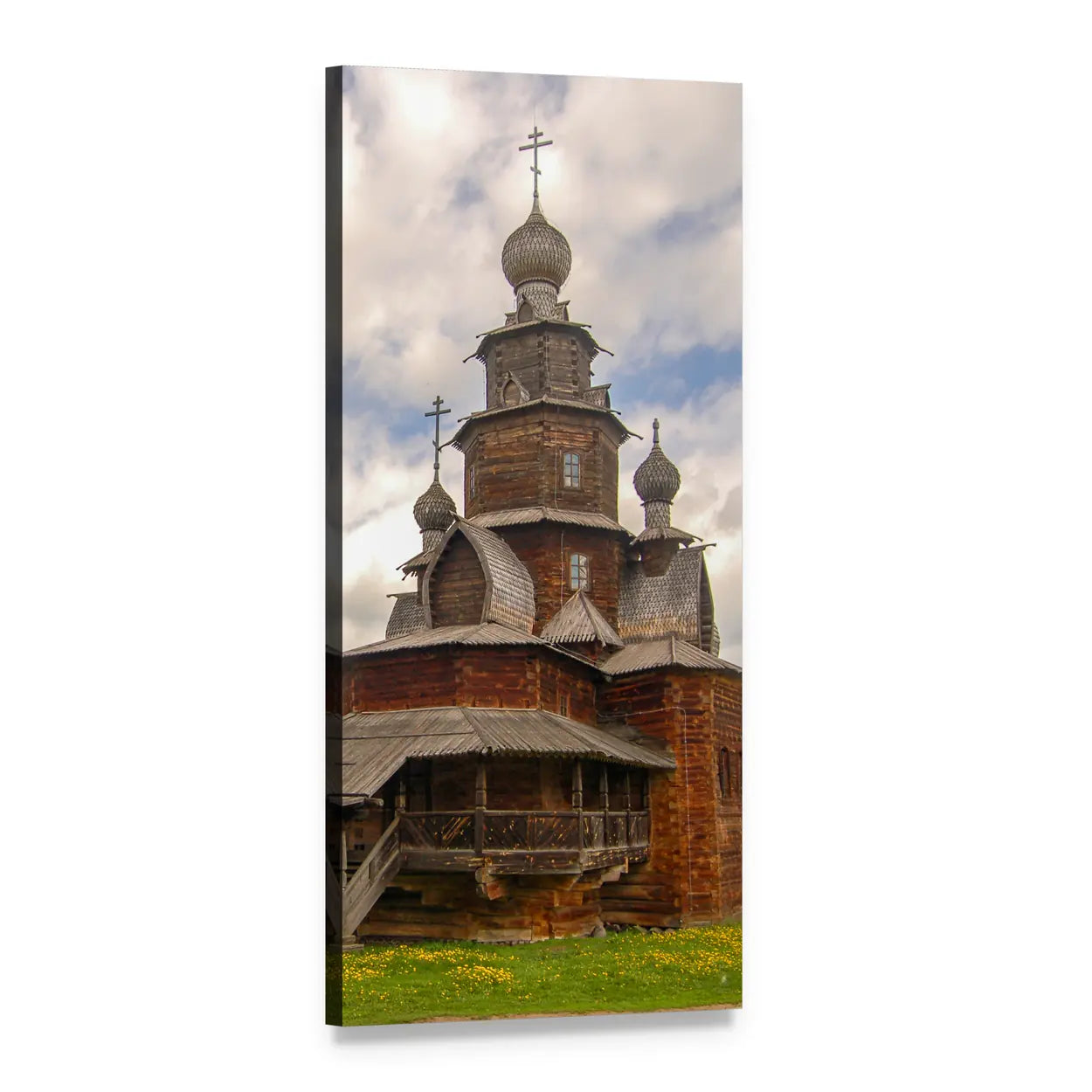 Russian Wooden Church with Onion Domes Vertical Canvas Wall Art, 1 panel 1 Vertical layout gallery wrapped canvas set, angled product view