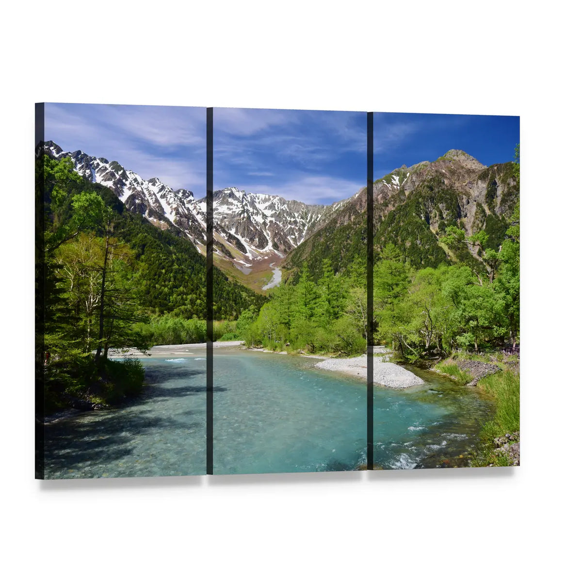 Kamikochi Highland Japan River and Mountains Canvas Wall Art, 3 panel 3 Horizontal layout gallery wrapped canvas set, angled product view