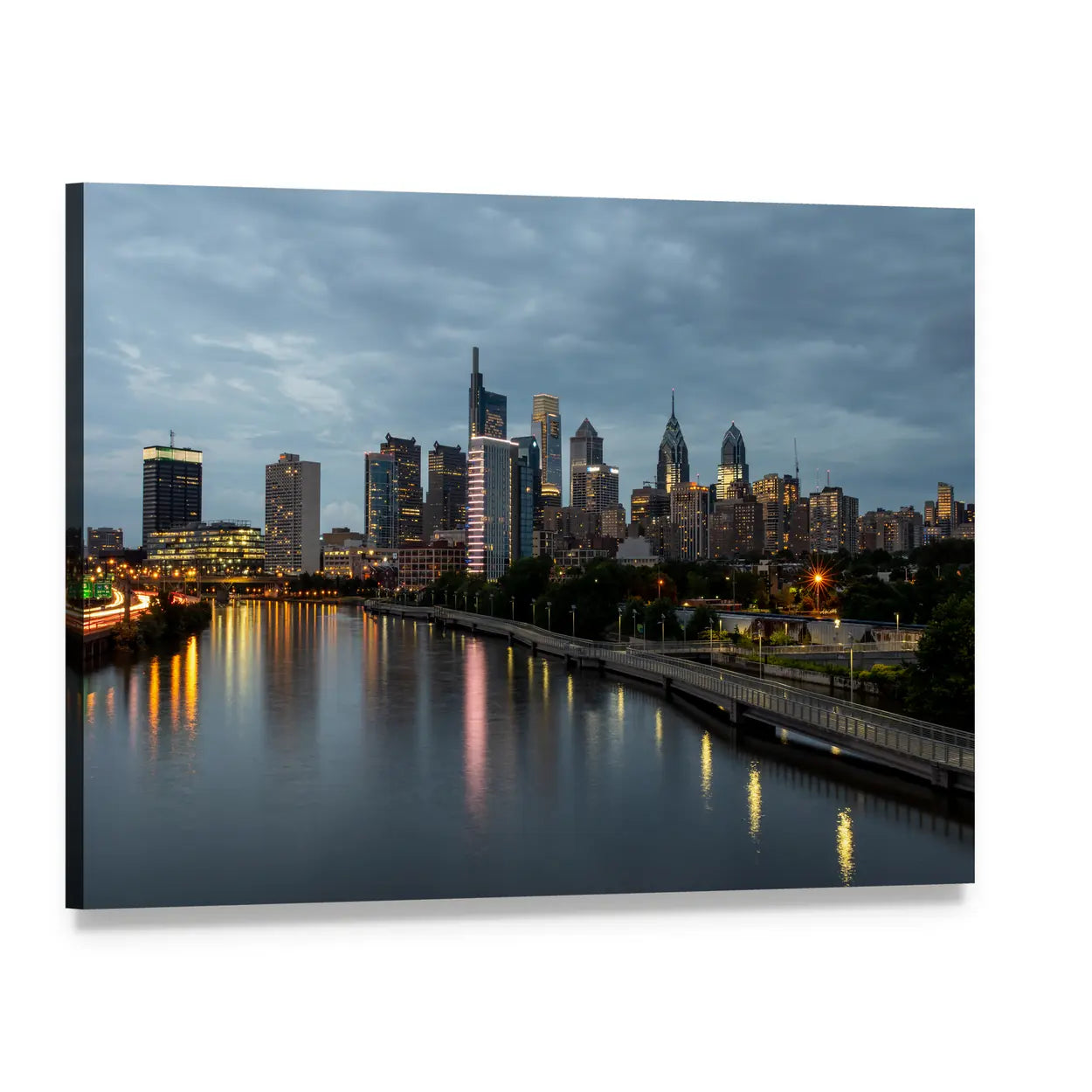 Philadelphia Skyline at Night Canvas Wall Art, single panel gallery wrapped canvas, angled product view