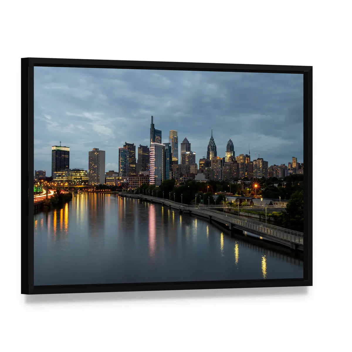 Philadelphia Skyline at Night Canvas Wall Art, framed canvas in a black floater frame, angled product view