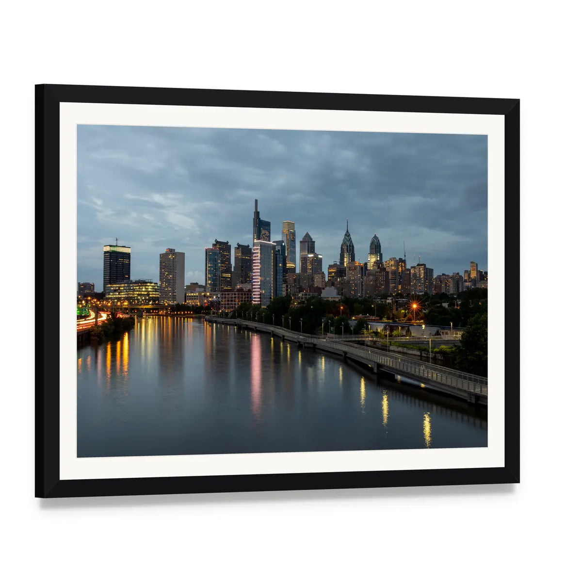 Philadelphia Skyline at Night Canvas Wall Art, framed print with white mat and black frame, angled product view