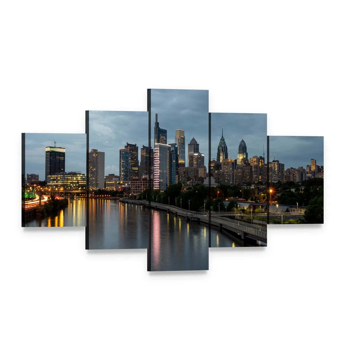 Philadelphia Skyline at Night Canvas Wall Art, 5 panel 5 Star layout gallery wrapped canvas set, angled product view