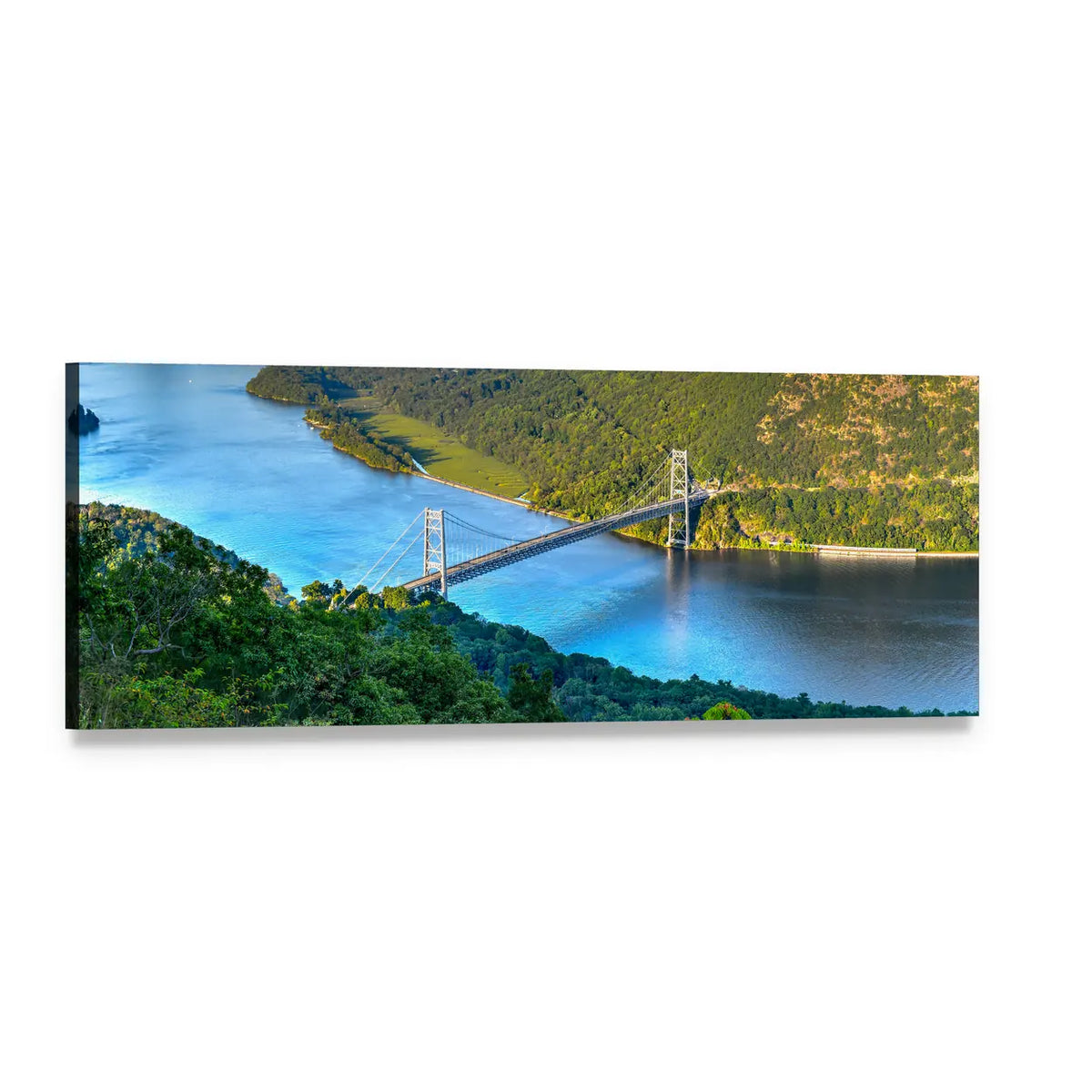Bear Mountain Suspension Bridge Over Blue River Panoramic Canvas Wall Art, single panel gallery wrapped canvas, angled product view