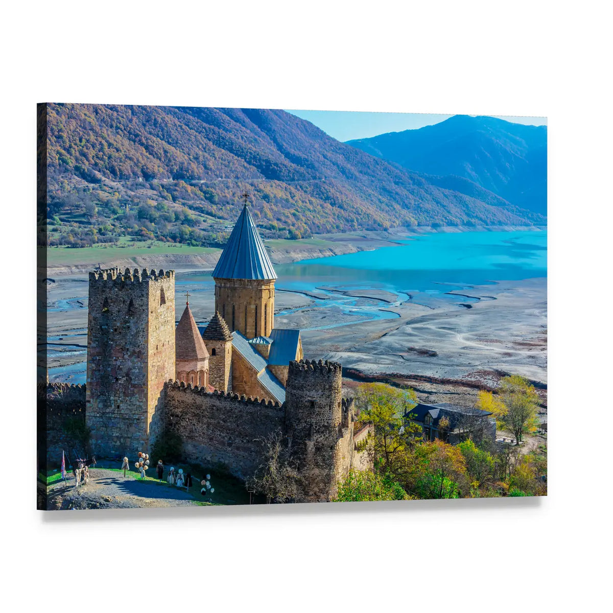 Ananuri Fortress Over Turquoise Lake Canvas Wall Art, single panel gallery wrapped canvas, angled product view