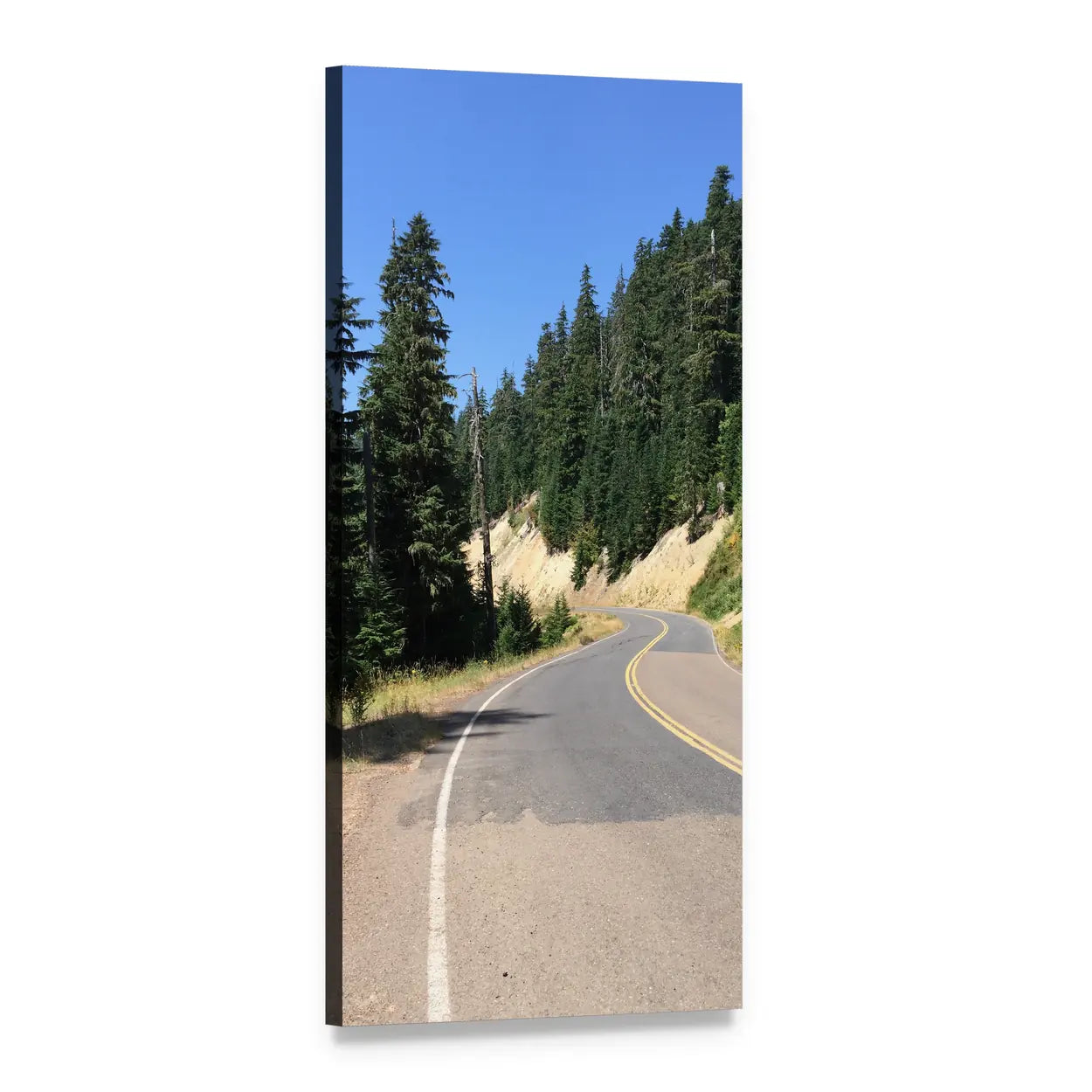 Winding Mountain Road Through Evergreen Forest Vertical Canvas Wall Art, 1 panel 1 Vertical layout gallery wrapped canvas set, angled product view