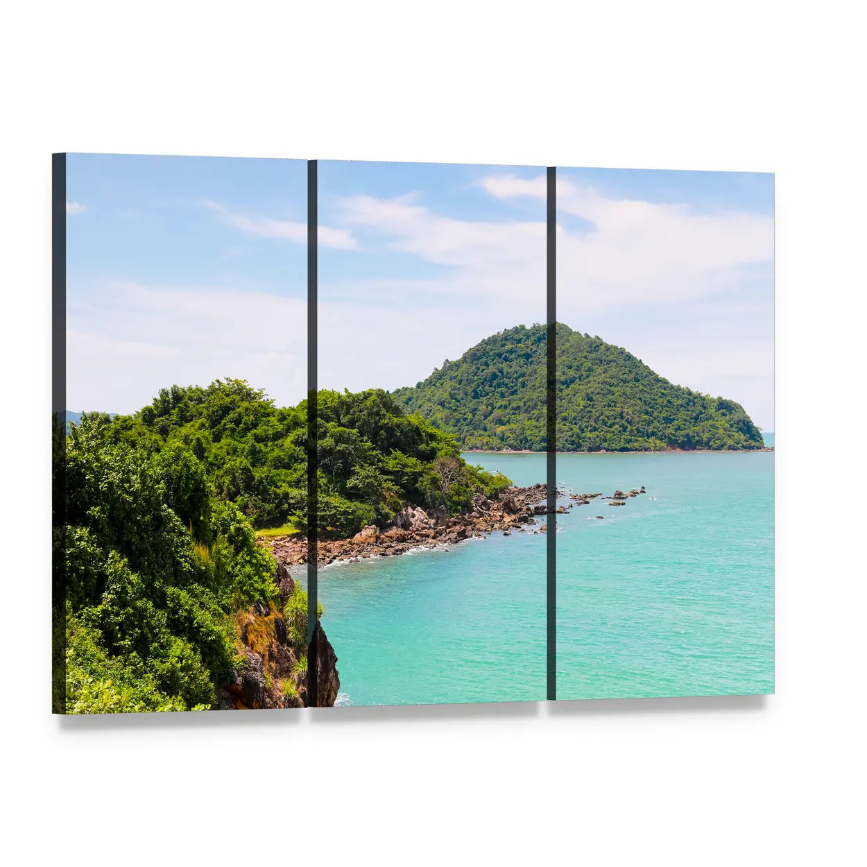 Nang Phaya Hill Tropical Shoreline Canvas Wall Art, 3 panel 3 Horizontal layout gallery wrapped canvas set, angled product view