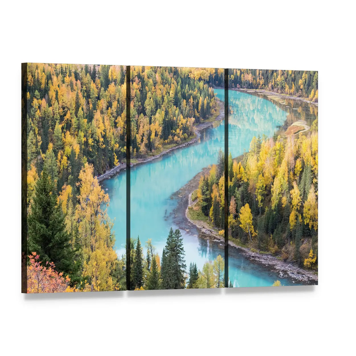 Xinjiang Kanas Autumn Landscape Canvas Wall Art, 3 panel 3 Horizontal layout gallery wrapped canvas set, angled product view