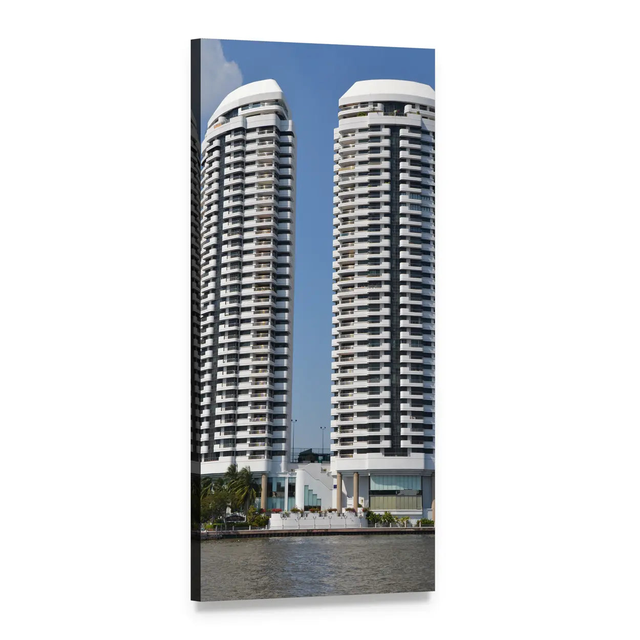 High-rise Hotel Twin Towers on Riverfront Vertical Canvas Wall Art, 1 panel 1 Vertical layout gallery wrapped canvas set, angled product view