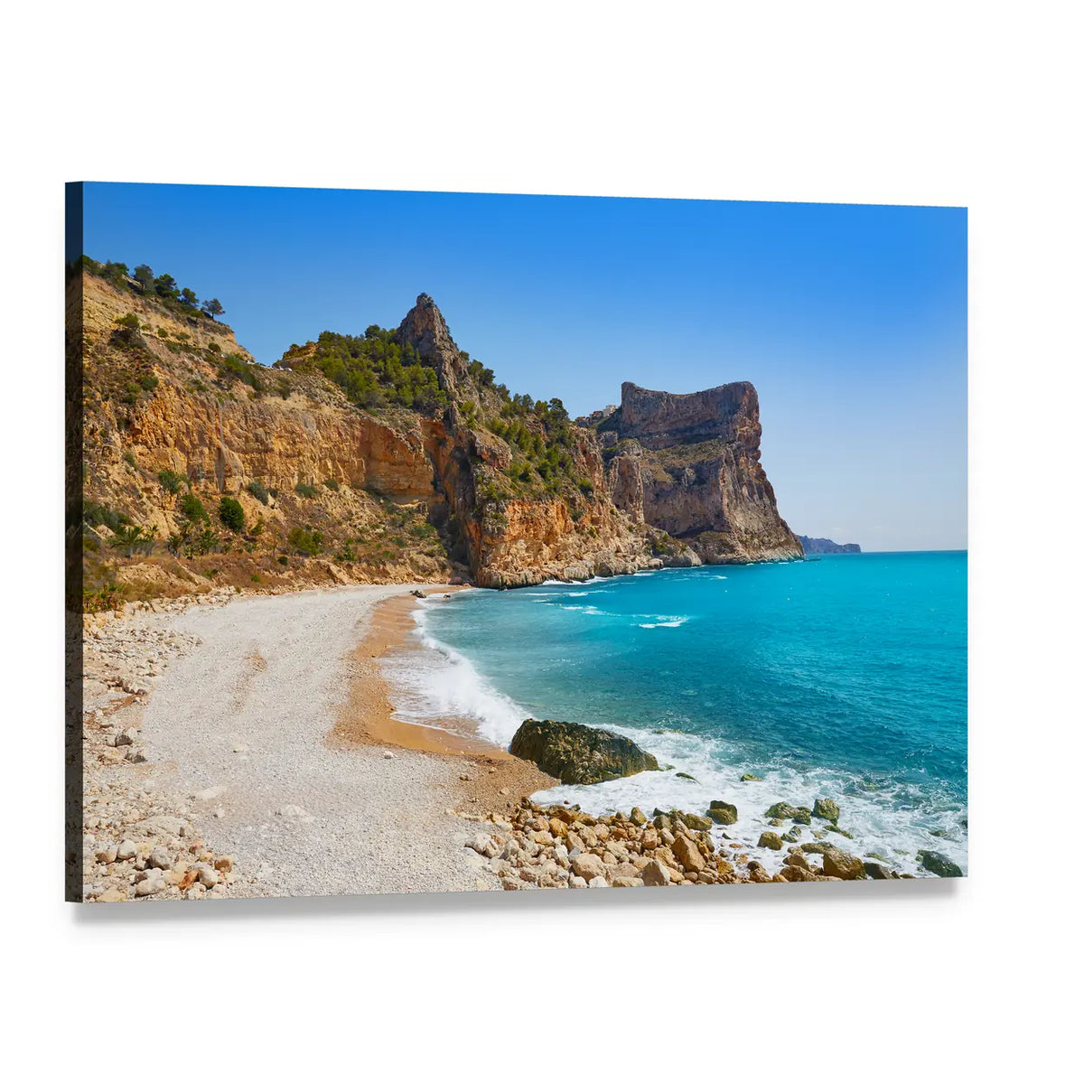 Cala Del Moraig Beach Canvas Wall Art, single panel gallery wrapped canvas, angled product view